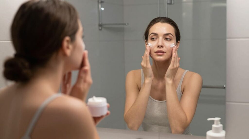 Woman Applying Night Cream Before Sleeping